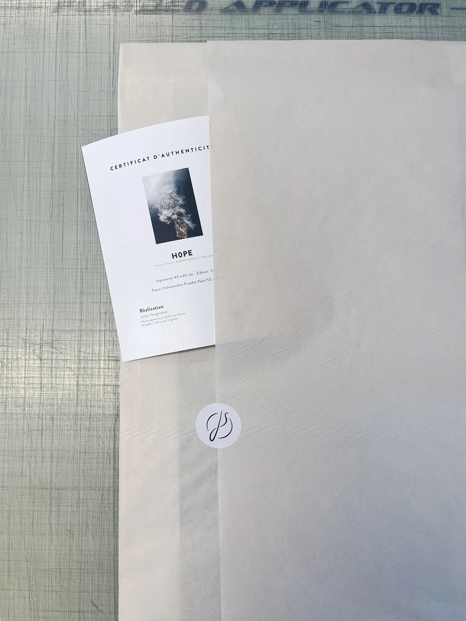 Certificat d’authenticité préparé avec un tirage d’art